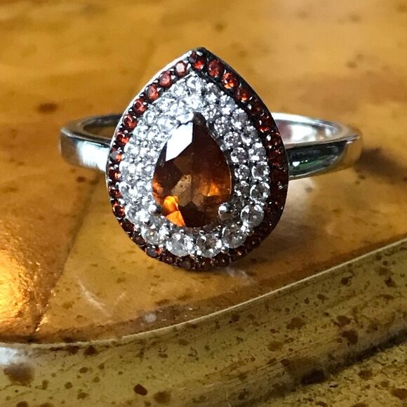 Natural Orange Garnet Sterling Silver Teardrop Ring Size 9 - Picture 9 of 9